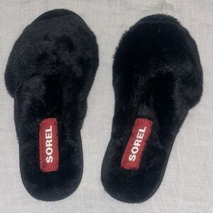 SOREL Hadley slide women’s slip on sandals/slippers fuzzy black size 8